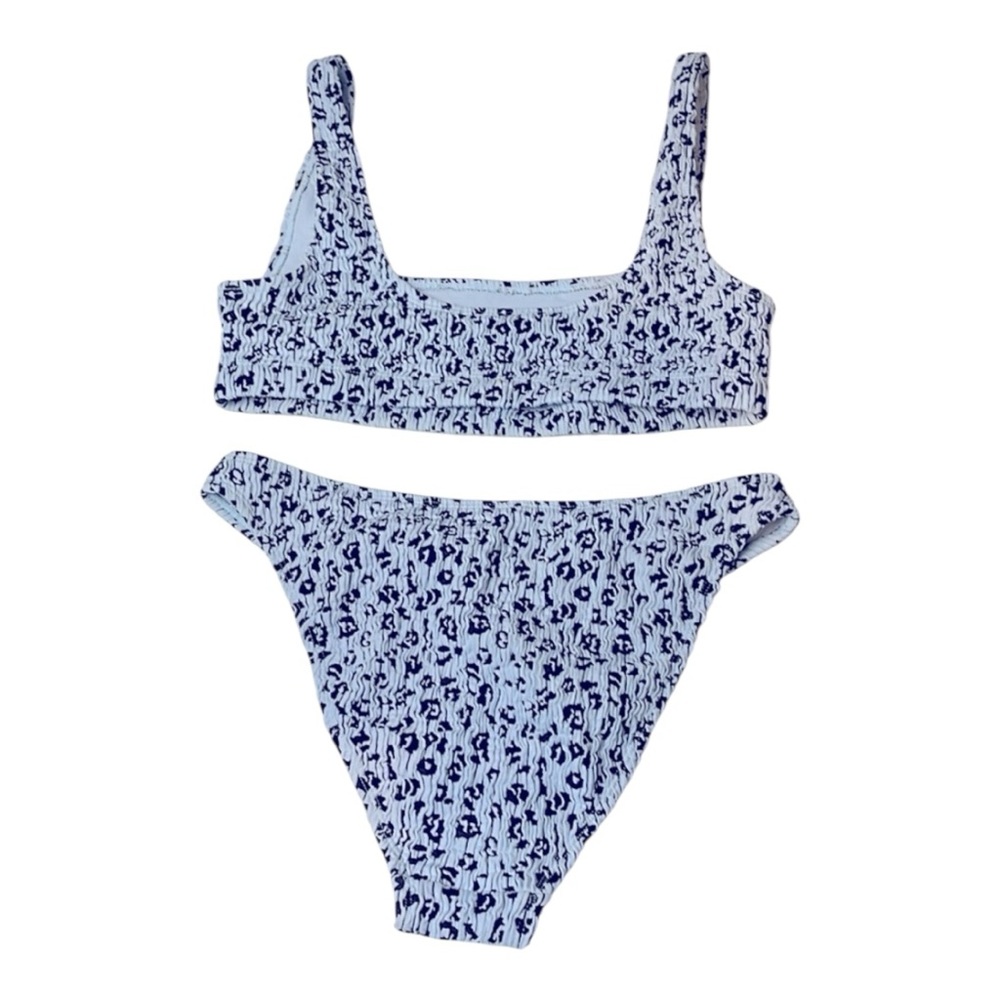 Good American Blue and White Textured Floral Bikini Set